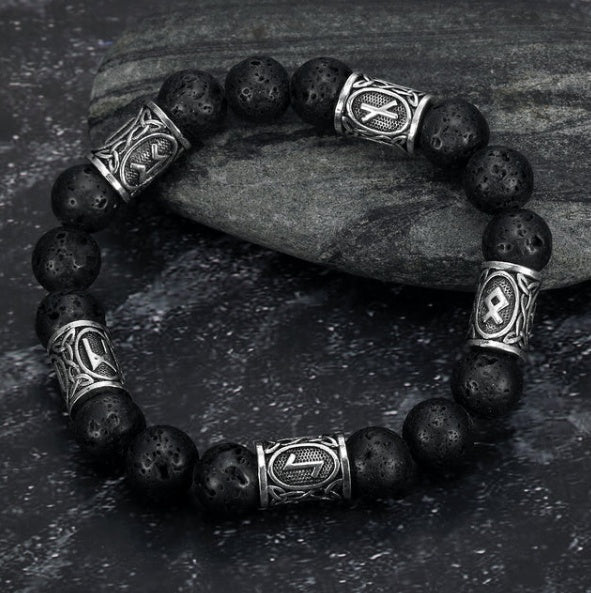 Silver Rune And Black Lava Stone Bracelet
