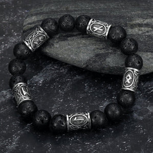 Silver Rune And Black Lava Stone Bracelet