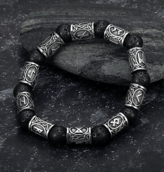 Silver Rune And Black Lava Stone Bracelet
