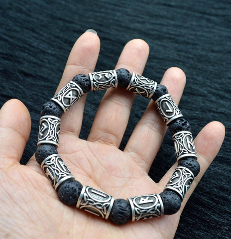 Silver Rune And Black Lava Stone Bracelet