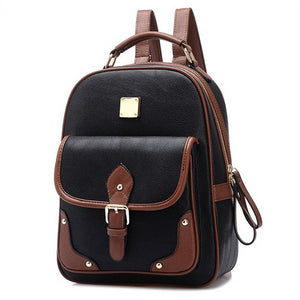 College Style Two Tone Womens Travel Bag Faux Leather Backpack Contrast Straps