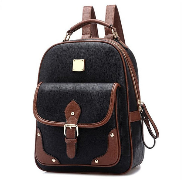 College Style Two Tone Womens Travel Bag Faux Leather Backpack Contrast Straps