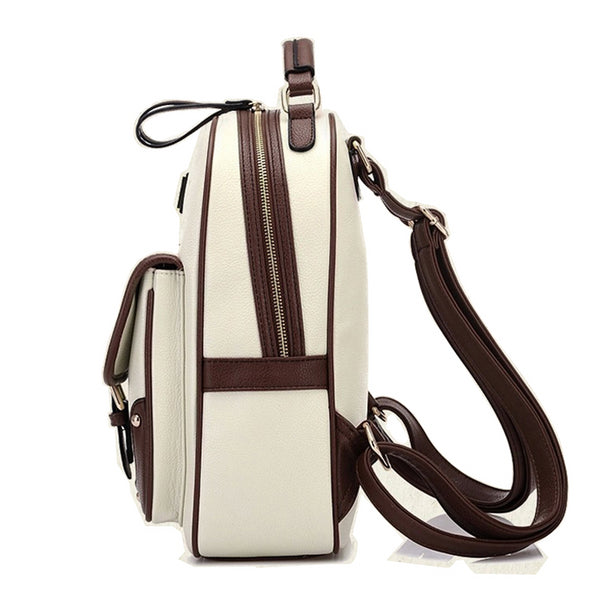 College Style Two Tone Womens Travel Bag Faux Leather Backpack Contrast Straps