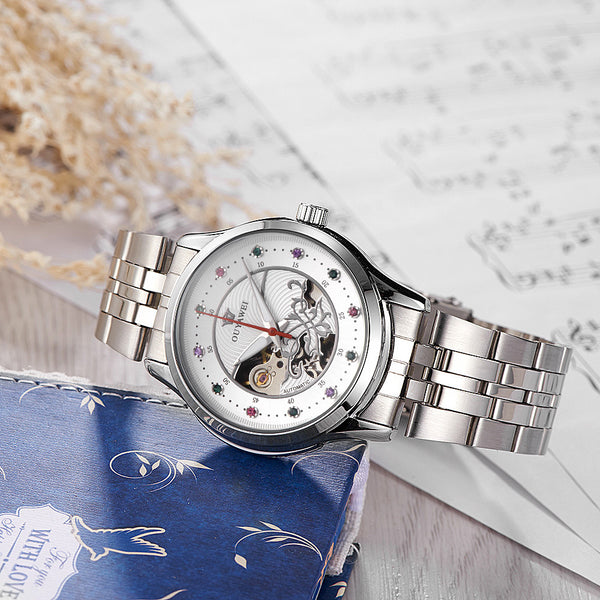Luxury Women Mechanical Watch Skeleton Design Steel Waterproof Female Automatic