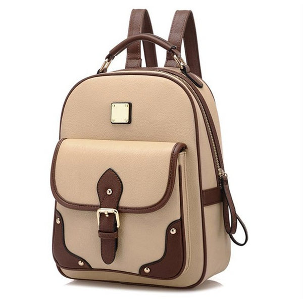 College Style Two Tone Womens Travel Bag Faux Leather Backpack Contrast Straps