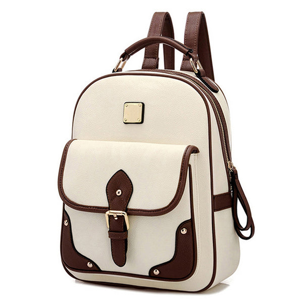 College Style Two Tone Womens Travel Bag Faux Leather Backpack Contrast Straps