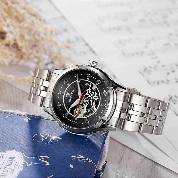 Luxury Women Mechanical Watch Skeleton Design Steel Waterproof Female Automatic